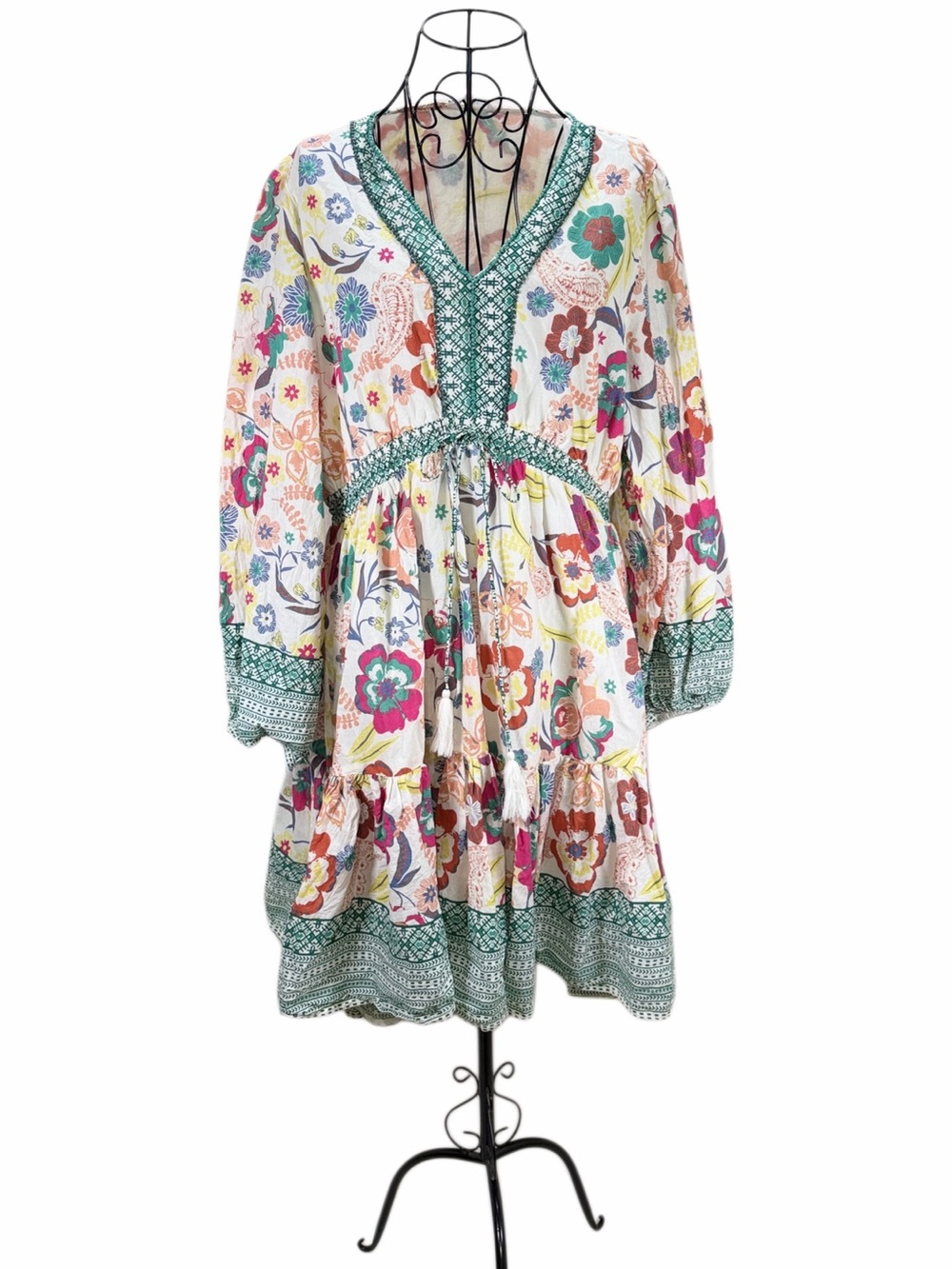 Kaktus XL Boho Floral Cotton Dress Beaded Tassel Tiered